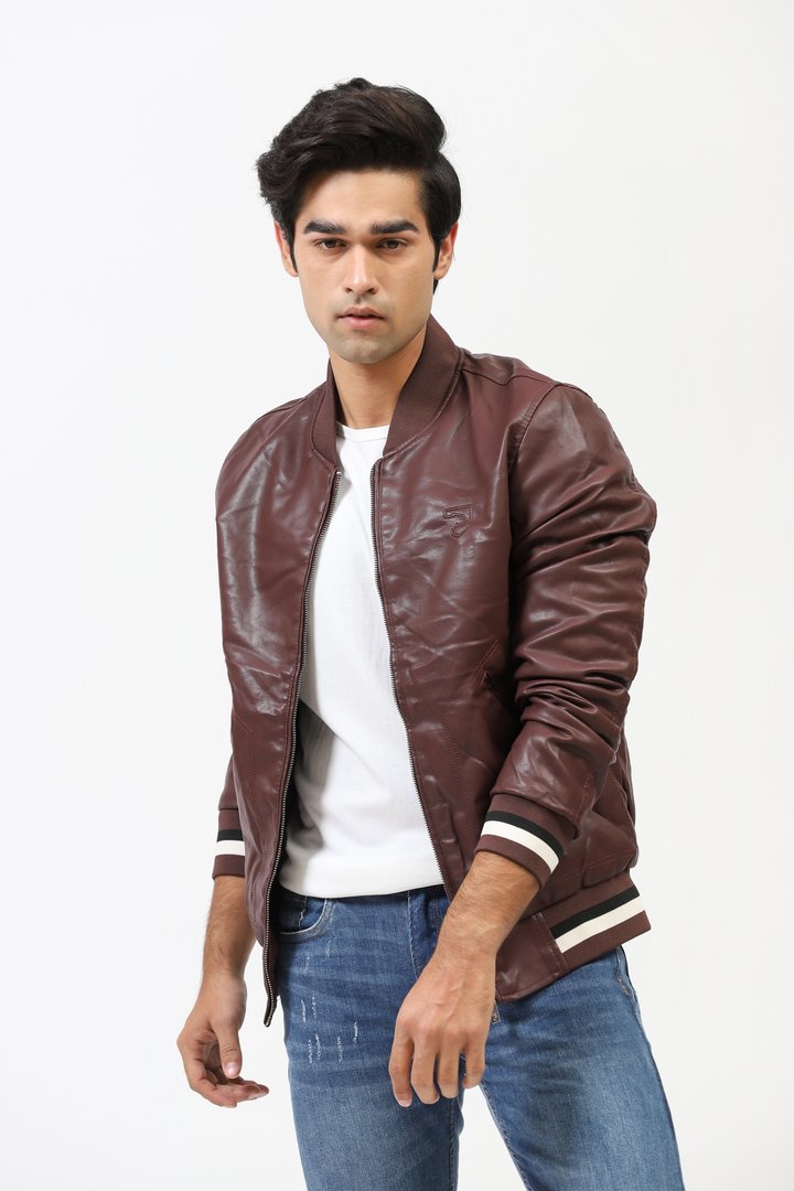 Coffee Bomber Jacket With Contrast Sleeve Bands
